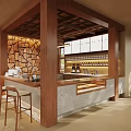 Modern Café Interior Design With Stone Wall Wooden Structure And Bar Counter Stools