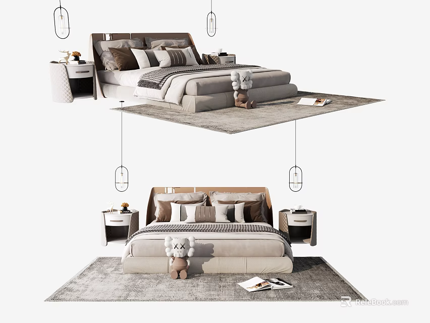 Modern Double Bed Interior With Bedside Nightstands Soft Rug And Decorative Pillows 3d model