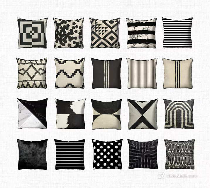 Black And White Decorative Throw Pillows With Geometric Patterns Stripes And Dots 3d model