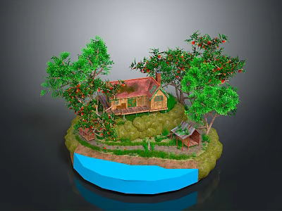 Scenic Natural Landscape With Lush Green Trees Red Fruits Wooden Cottage And Blue Water 3d model