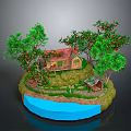 Scenic Natural Landscape With Lush Green Trees Red Fruits Wooden Cottage And Blue Water