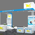 Customized Exhibition Booth With White And Blue Display Cabinets And Shelves