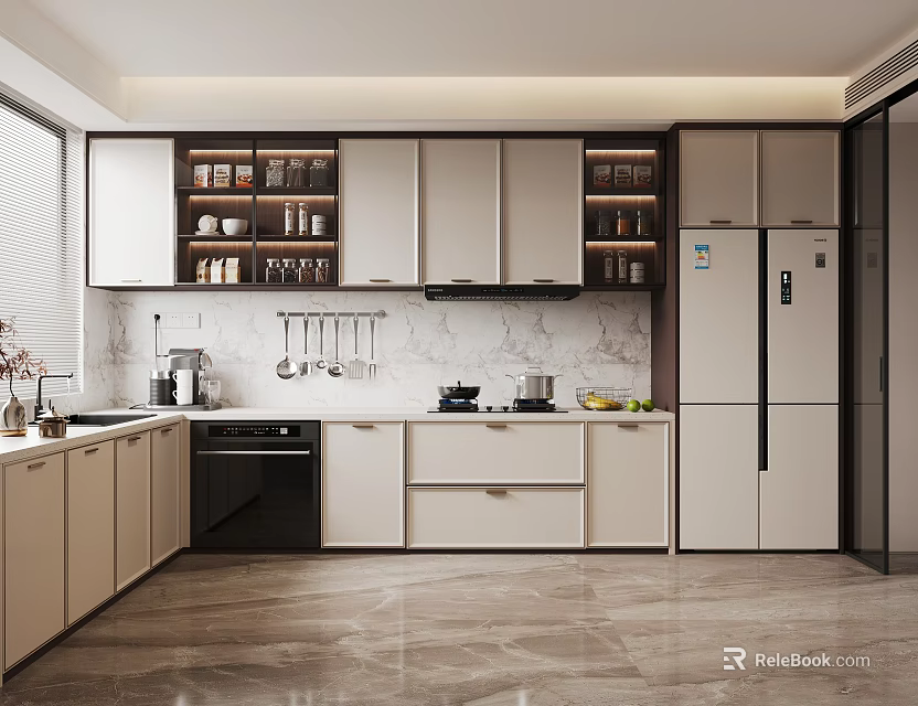 Modern Kitchen Interior Design With White Wall Cabinets Marble Countertop And Appliances 3d model 