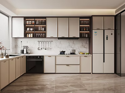 Modern Kitchen Interior Design With White Wall Cabinets Marble Countertop And Appliances 3d model