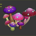 Colorful Mushrooms with Purple Pink Hues White Spots Various Sizes and Reflections on Dark Background