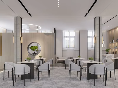 Modern Elegant Lounge Area with Tables Chairs Green Plants Mirror Windows and Bookshelves 3d model
