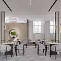 Modern Elegant Lounge Area with Tables Chairs Green Plants Mirror Windows and Bookshelves
