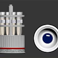 Shiny Metallic Mechanical Device With Multi Layered Components And Striped Cylindrical Casing
