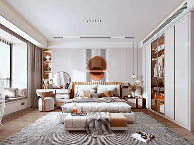 Modern Bedroom Interior with Upholstered Bed Circular Mirror Sliding Wardrobe Dressing Table and Area Rug 3d model