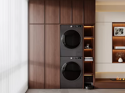 Home Balcony with Wooden Cabinets Stacked Washer Dryer Illuminated Shelves and Decorations 3d model