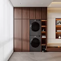 Home Balcony with Wooden Cabinets Stacked Washer Dryer Illuminated Shelves and Decorations