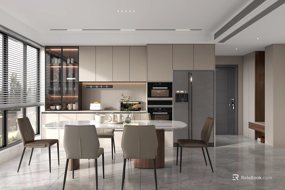 Modern Dining Room Interior With Open Concept Kitchen Dining Table And Chairs 3d model