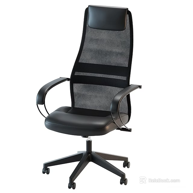 Ergonomic Black Office Chair With Mesh Back Leather Seat And Armrests 3d model 