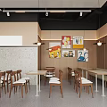 Modern Restaurant Interior With Round Tables Wooden Walls Decorative Paintings And Pendant Lights