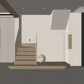 Modern Minimalist Interior With Wooden Staircase And Moon Shaped Light Fixture