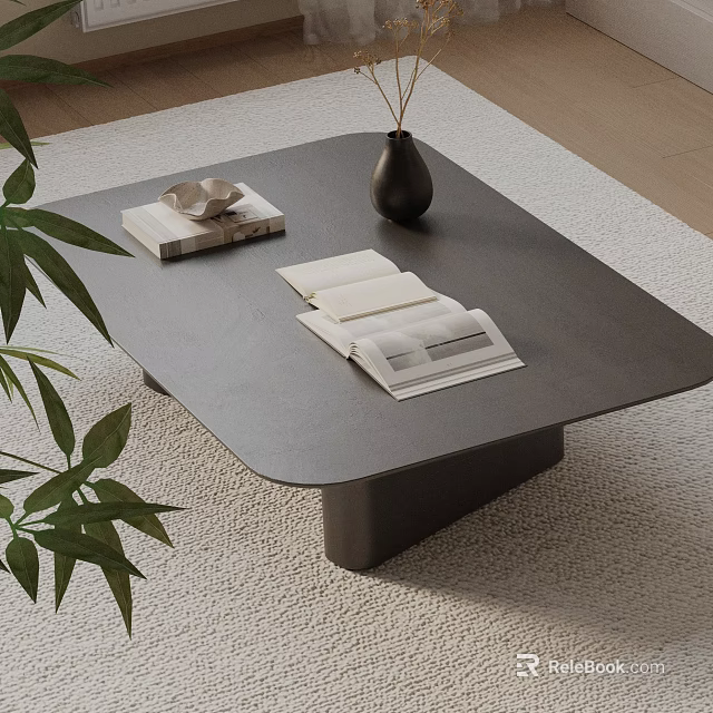 Modern Sofa Coffee Table Set with Books Tray Black Vase Green Plant on Light Rug 3d model 