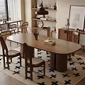 Modern Wooden Dining Table Set with Chairs in Cozy Living Space Featuring Window Blinds Pendant Light and Patterned Rug