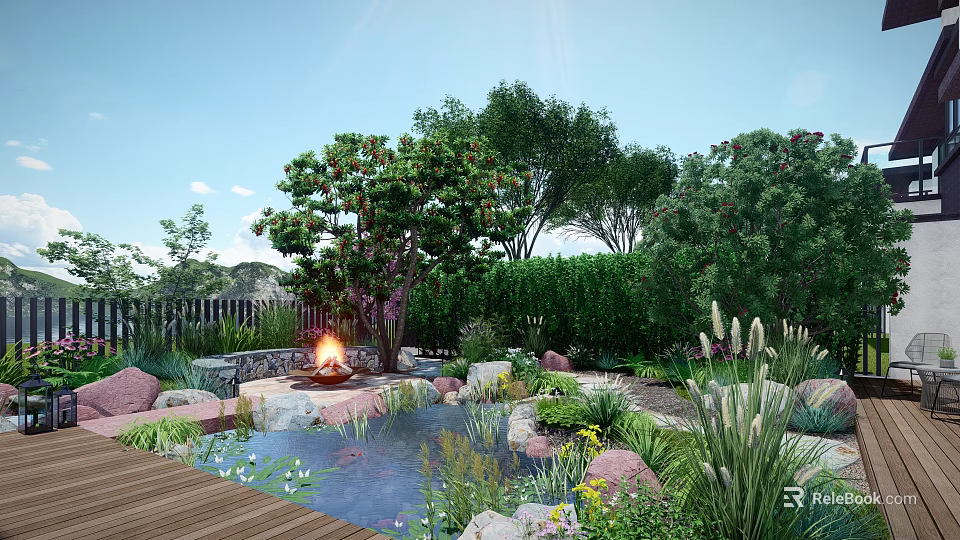 Sunlit Garden With Fire Pit Pond Wooden Deck Rocks Lush Plants And Trees 3d model 