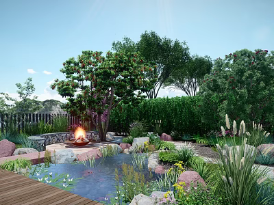 Sunlit Garden With Fire Pit Pond Wooden Deck Rocks Lush Plants And Trees 3d model