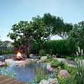Sunlit Garden With Fire Pit Pond Wooden Deck Rocks Lush Plants And Trees