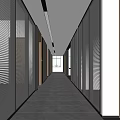 Modern Office Corridor With Glass Partitions Blinds Ceiling Light Strips And Gray Flooring
