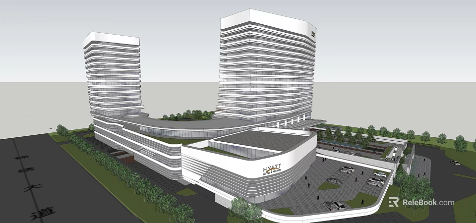 Modern High Rise Office Buildings With Commercial Mall And Landscaped Parking Area 3d model 