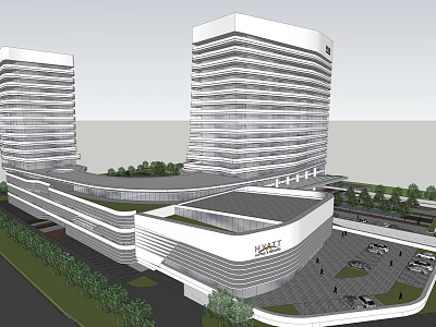 Modern High Rise Office Buildings With Commercial Mall And Landscaped Parking Area 3d model