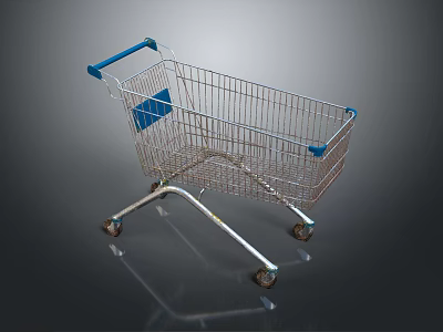 Metal Shopping Cart With Blue Handle And Storage Basket On Wheels 3d model
