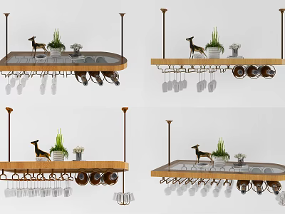 Hanging Kitchenware Rack With Pots Pans Wine Glasses Decorative Plants And Deer Figurine 3d model