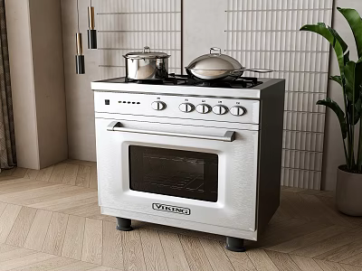 Stainless Steel Stove Oven Kitchen Appliance With Pots On Top Utensils And Plant 3d model