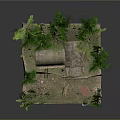 Cartoon Forest Scenery With Thatched Huts Trees Wooden Ladder And Green Vegetation