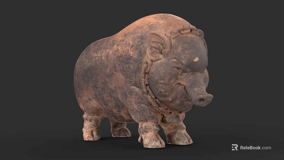 Vintage Clay Pig Shaped Decorative Ornament Set With Chain Detail For Home Decor 3d model 