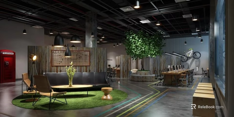 Modern Public Office Space With Sofa Coffee Table Large Tree And Work Desks 3d model 