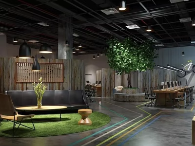 Modern Public Office Space With Sofa Coffee Table Large Tree And Work Desks 3d model