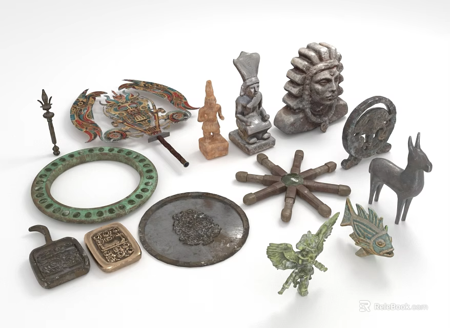 Vintage Decorative Ornament Set With Animal Statues Geometric Shapes And Carved Designs 3d model 