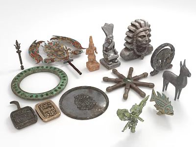 Vintage Decorative Ornament Set With Animal Statues Geometric Shapes And Carved Designs 3d model