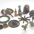 Vintage Decorative Ornament Set With Animal Statues Geometric Shapes And Carved Designs