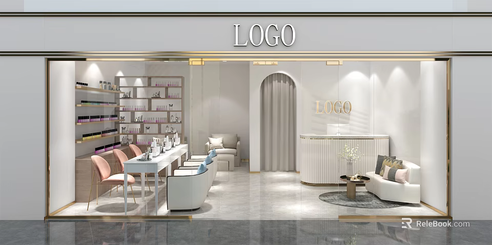 Modern Beauty and Hair Salon Interior With White Reception Desk And Comfortable Sofa Chairs 3d model 