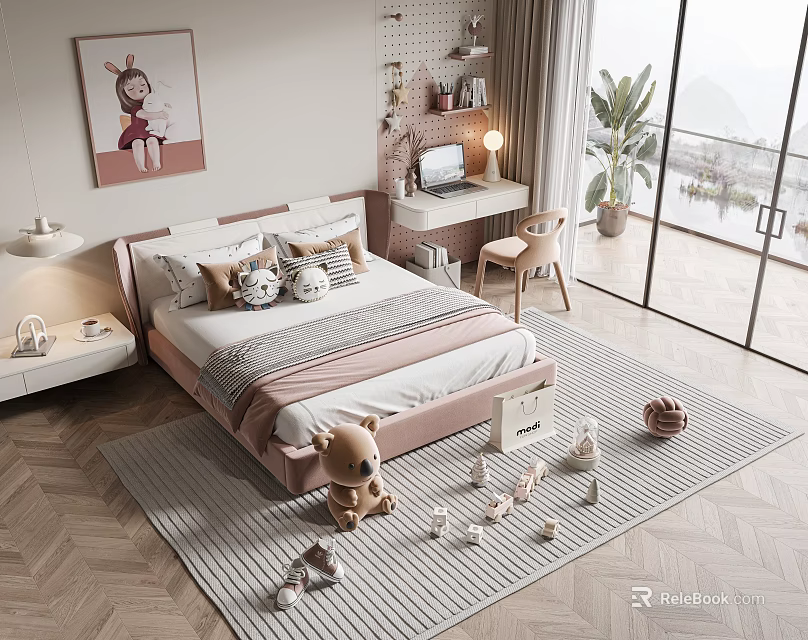 Warm Kids Room Interior Design With Pink Bed Stuffed Toys Study Desk And Wall Art 3d model 