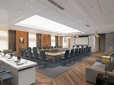 Modern Conference Room With Long Table Ergonomic Chairs Projection Screen And Wooden Walls 3d model