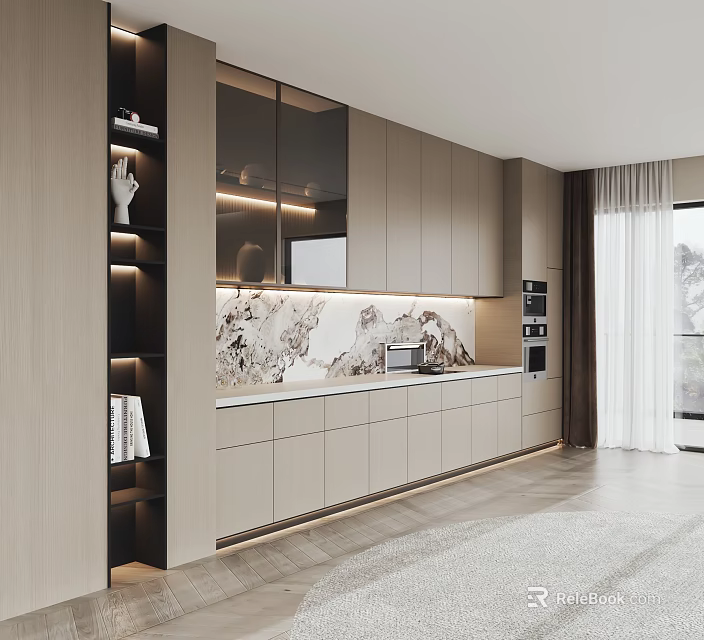 Sleek Modern Sideboard Cabinet Interior With Gray Cabinets Marble Countertop LED Lighting And Built-in Appliances 3d model 