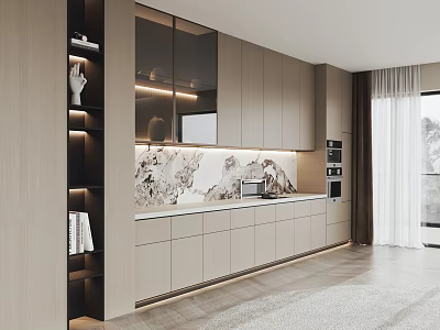 Sleek Modern Sideboard Cabinet Interior With Gray Cabinets Marble Countertop LED Lighting And Built-in Appliances 3d model