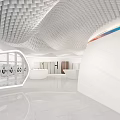 Modern White Showroom With Curved Design Arranged Laundry Machines And Geometric Ceiling