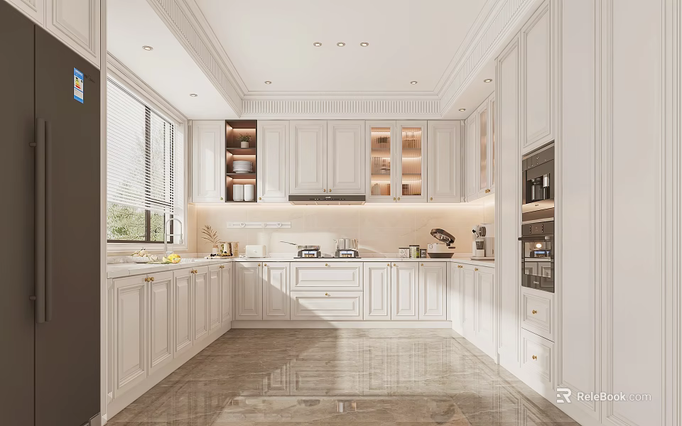 Modern Kitchen Interior Design With White Cabinets Stainless Steel Countertop And Appliances 3d model 