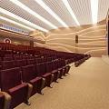 Spacious Conference Room With Red Seats Wooden Walls Podium And Linear Lighting