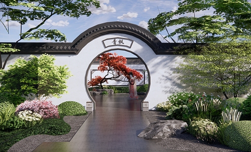 New Chinese Courtyard Garden Villa Model Private Garden Moon Cave Gate Red Maple Plant Landscape Wall 3d model