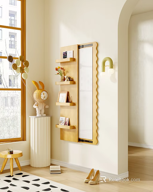Decorative Wall Mounted Mirror With Wooden Shelves And Decor Items 3d model 