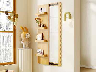 Decorative Wall Mounted Mirror With Wooden Shelves And Decor Items 3d model