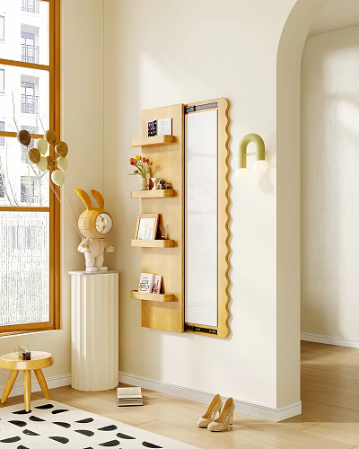 Decorative Wall Mounted Mirror With Wooden Shelves And Decor Items 3d model