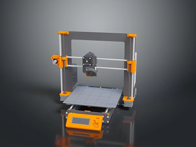 Modern 3D Printer With Gray Orange Frame Control Panel And Print Bed 3d model